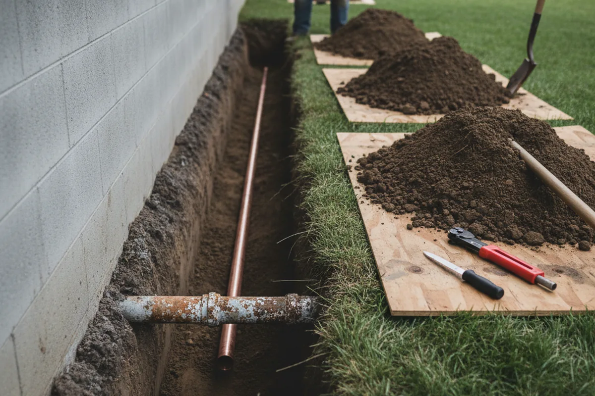 Excavated water line trench during Sewer Line Repair in Oldenburg